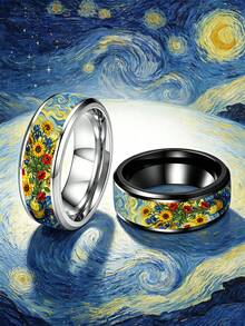 1PC Retro Van Gogh Starry Night Sunflower Pattern Stainless Steel Men Ring, Art Style Unique Men Jewelry, Daily Wear Anniversary Gift - Ring - View 5