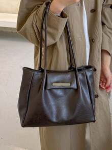Fashionable And Minimalist Coffee Colored PU Material Women's Tote Bag, Minimalist And High-End Hardware Large Capacity Shoulder Bag/Commuting Bag - Coffee Brown - View 4