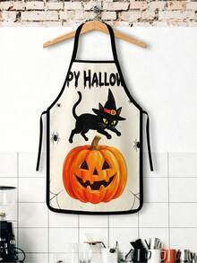 1pc/2pcs/4pcs Spooky Cute Halloween Printed Apron, Pumpkin Lantern Ghost Black Cat Spiderweb Bat Autumn Leaf Design, Adjustable Halter Neck Cooking Apron, Polyester Lightweight Apron, Halloween Party Decor, Chef Apron For Baking & Pumpkin Carving - Multicolor - View 6