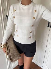 Women's Fashion White Top With Gold Faux Buttons, Autumn Fashion Outfit - White - View 1