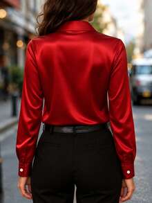 Women's New Arrival Satin Button-Down Shirt, Fashionable, Versatile, Suitable For All Seasons Spring Red - Red - View 3