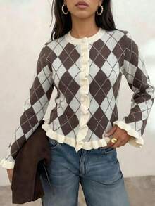Women's Casual Brown And White Color Block Sweater, Autumn/Winter Style, Argyle Pattern Design With Ruffle Hem, Suitable For Outdoor Wear - Brown - View 10