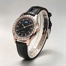Women's Classic Fashion Rectangular Rhinestone Inlaid Round Case PU Leather Strap Bar Index Quartz Wristwatch Elegant Business Style Watch - Star and Moon - View 7