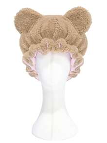 CONFLASS Cute Bear Ear Fuzzy Sleep Bonnet, Fluffy Teddy Fleece Night Cap With Satin Ruffle Trim, Soft Warm Home Sleeping Hair Cap For Women - Multicolor - View 15