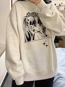 Korean Style Retro Anime Character Pattern Crew Neck Sweatshirt, Minimalist Black & White Line Design, Student Versatile Oversize Autumn Sweatshirt - Off-white - View 7