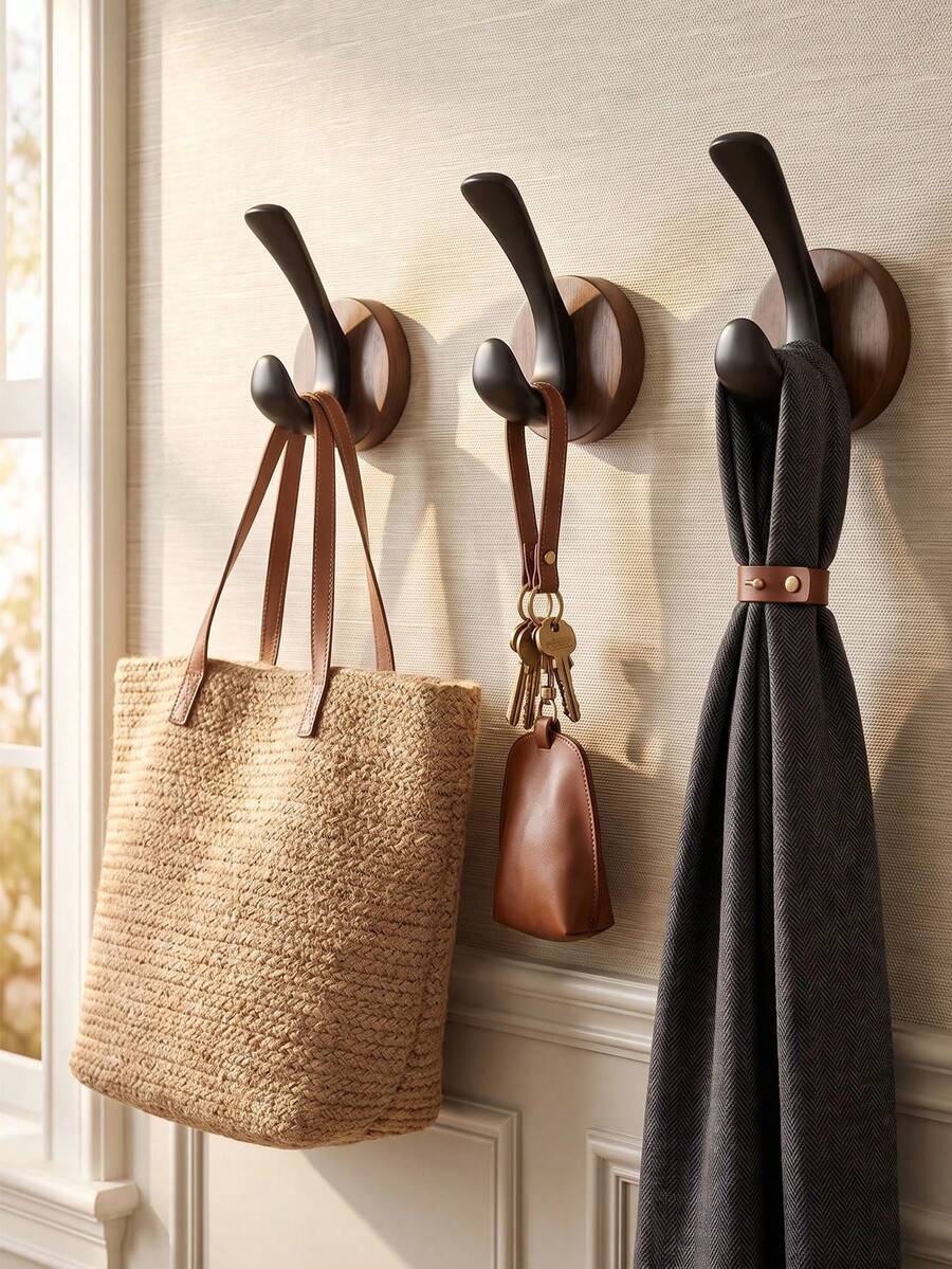 1pc/3pcs Drill-Free Solid Wood Hook-Suitable For Hanging Bathroom Towels And Shower Caps, Kitchen Utensils, Bedroom Clothing And Hats, Or Entryway Bags; A Multifunctional Home Storage And Decorative Hook, Part Of A Bathroom Accessory Set. - Multicolor - View 1