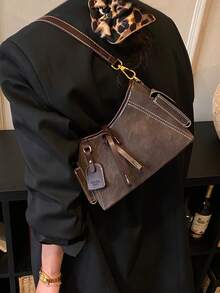 Vintage Meillard Colorblock Tote Bag, Bright Line Accents, Gold Buckle, One Shoulder Crossbody Commuter Women's Bag - Coffee - View 3