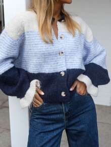 Live To Mo Women's Striped Color‑Block Knit Cardigan, Casual Relaxed Puff‑Sleeve Sweater Coat For Fall Back To School, Daily & Business Wear - Blue - View 8