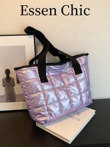 1件紫色大容量絎縫加厚尼龍托特包 女款單肩包 - 紫色 - 查看 7