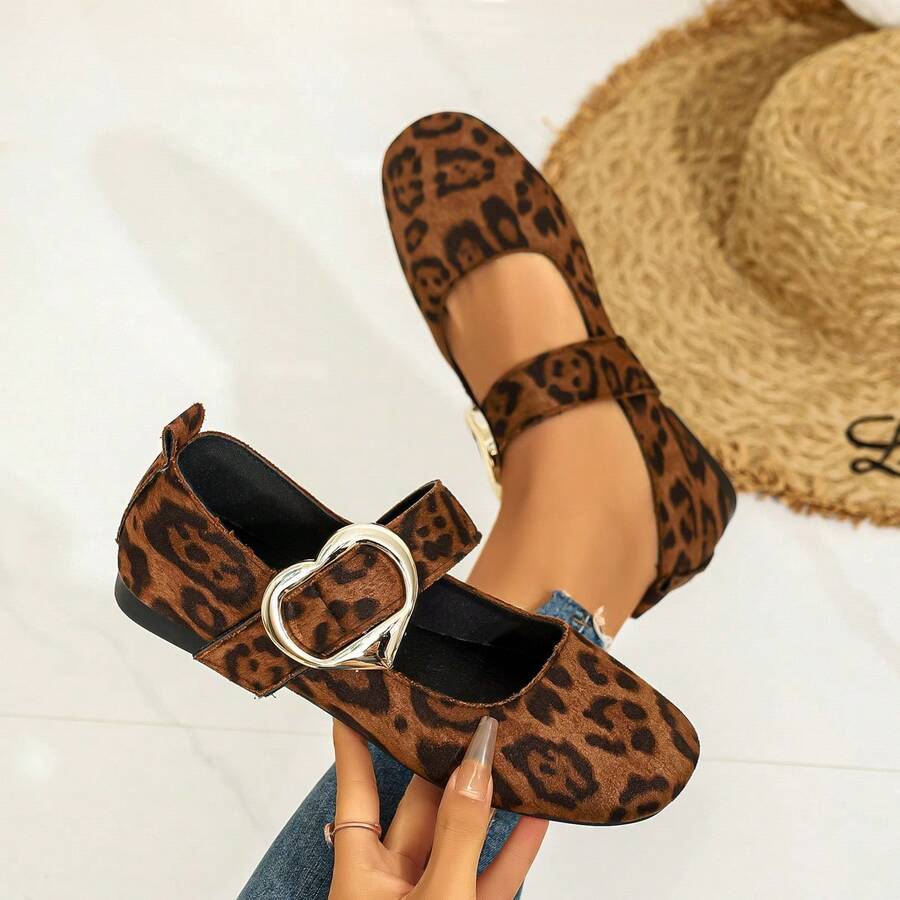 Women's Vintage Leopard Print Mary Jane Flats, Round Toe Heart-Shaped Buckle Strap Design, Lightweight Soft Sole, Versatile Casual Shoes - Leopard Print - View 1