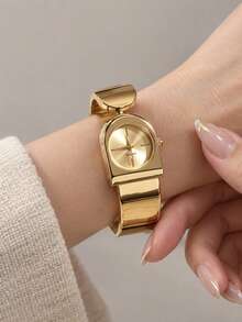 Vintage Style Arched Semi-Circular Open Bangle Watch For Women, Suitable For Students With Thin Wrists, One-Piece Wide Bangle Champagne Gold Dial Niche Luxury Quartz Wristwatch, Suitable For Daily Wear And Various Holiday Gift Giving - Gold - View 1