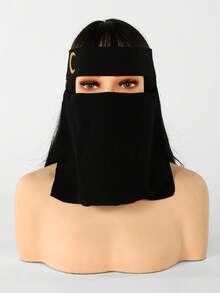 1PC Women's Solid Color Gold-Splashed Moon Niqab, Lightweight Breathable Tie-Up Veil, Suitable For Daily Wear - Black - View 6