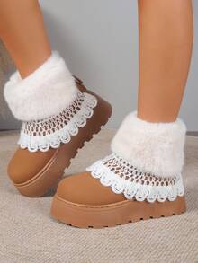 Women Faux Suede Ankle Snow Boots White Faux Fur Cuff Lace Crochet Trim Platform Thick Sole Winter Booties - Camel - View 3