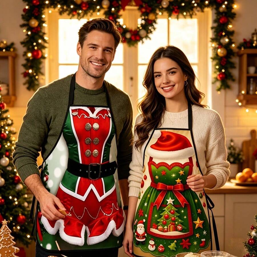 2Pcs Red Green Christmas Dress Pattern Halter Apron For Couple Family Gathering Kitchen Photo Decor - Multicolor - View 1