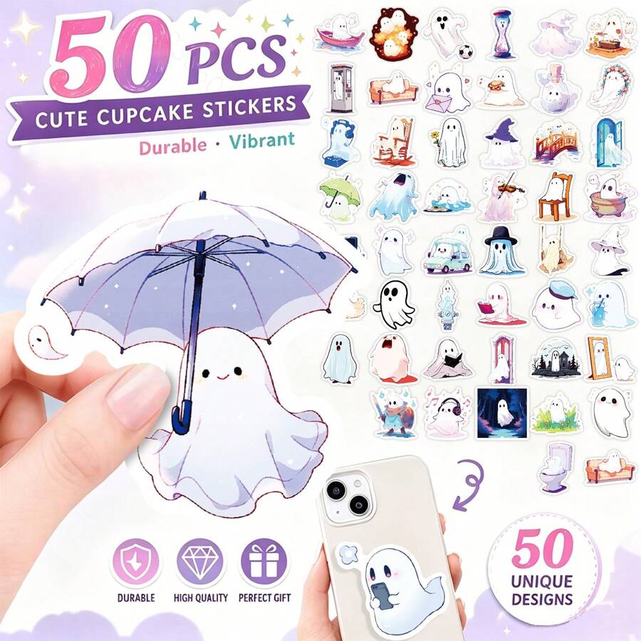 50PCS Cute Ghost PP Sticker Pack, Creative Adorable Style Ghost Pattern Decorative Stickers, Halloween Theme Decoration Stationery Stickers, Suitable For Scrapbooking, Laptop, Notebook, Diary And Personal Item Decoration, DIY Handmade Crafts - Set - View 1