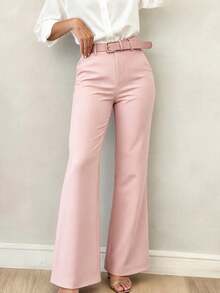 Women's Minimalist Design Flared Leg Casual Trousers, Suitable For Commuting, Office, Daily Wear, All Seasons Spring Pink Fall - Pink - View 1