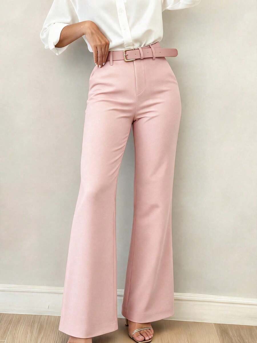 Women's Minimalist Design Flared Leg Casual Trousers, Suitable For Commuting, Office, Daily Wear, All Seasons Spring Pink Fall - Pink - View 1