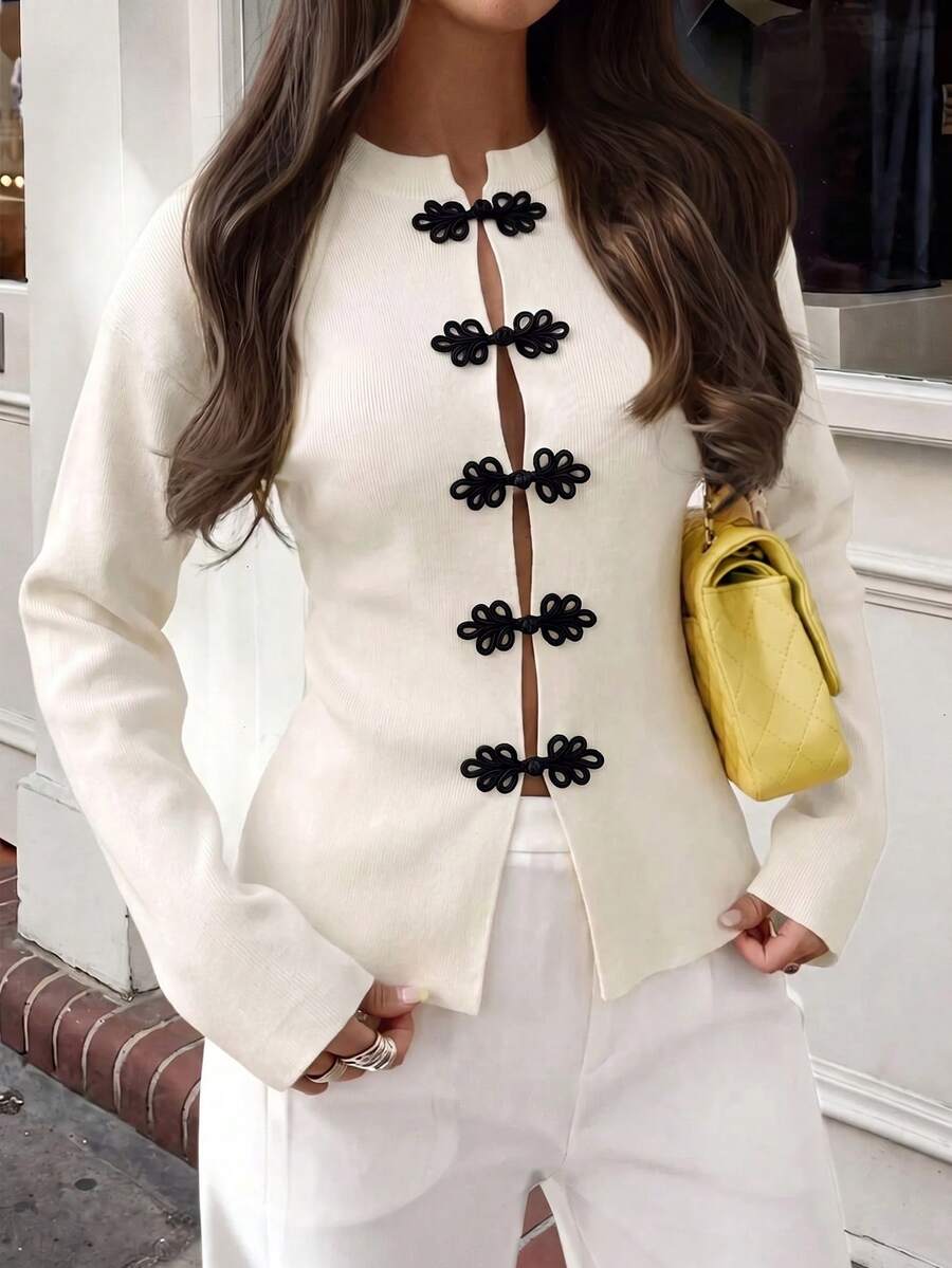 Women's Fashion Knit Cardigan Long Sleeve Double-Breasted Sweater - Off White - View 1