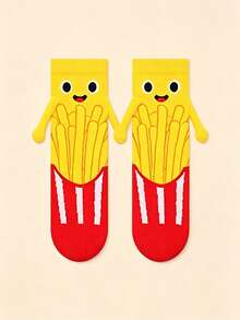 1/2 Pairs Creative Cute Food Pattern Socks, Holding Hands Burger & Fries Cartoon Mid-Calf Socks, Fun Couple/Party Gift Socks, Suitable For Food Lovers Men & Women - Multicolor - View 7