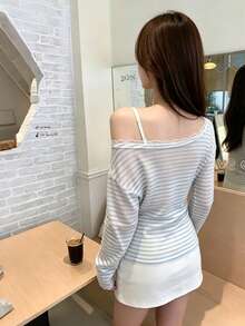 Design Lace Trim One Shoulder Fitted Cover-Up Top Women Autumn New Style Lazy Korean Striped Long Sleeve T-Shirt - Blue and White - View 7