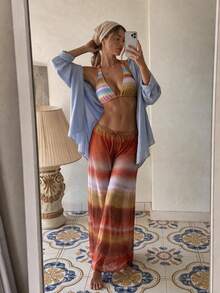 HOTTIE HABIT Women 3 Pieces Gradient Striped Halter Bikini Set With Sheer Wide Leg Cover Up Pants Beach Vacation Summer Pool Swimwear - Multicolor - View 3