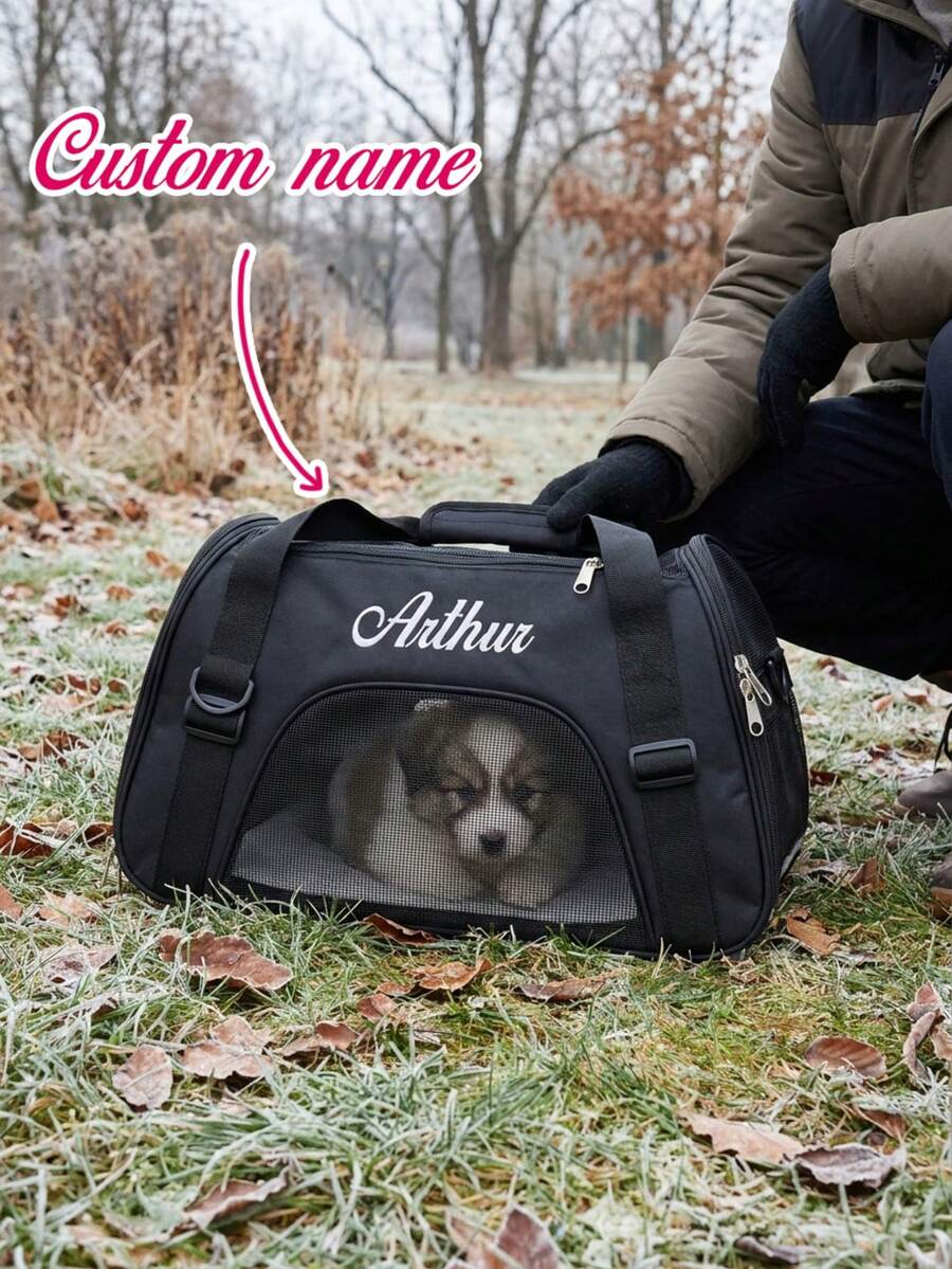 Custom Embroidered Name Pet Carrier Bag, Breathable Mesh Portable Travel Handbag, Outdoor Carry Tote For Small Dogs & Cats - 1 Set - View 1