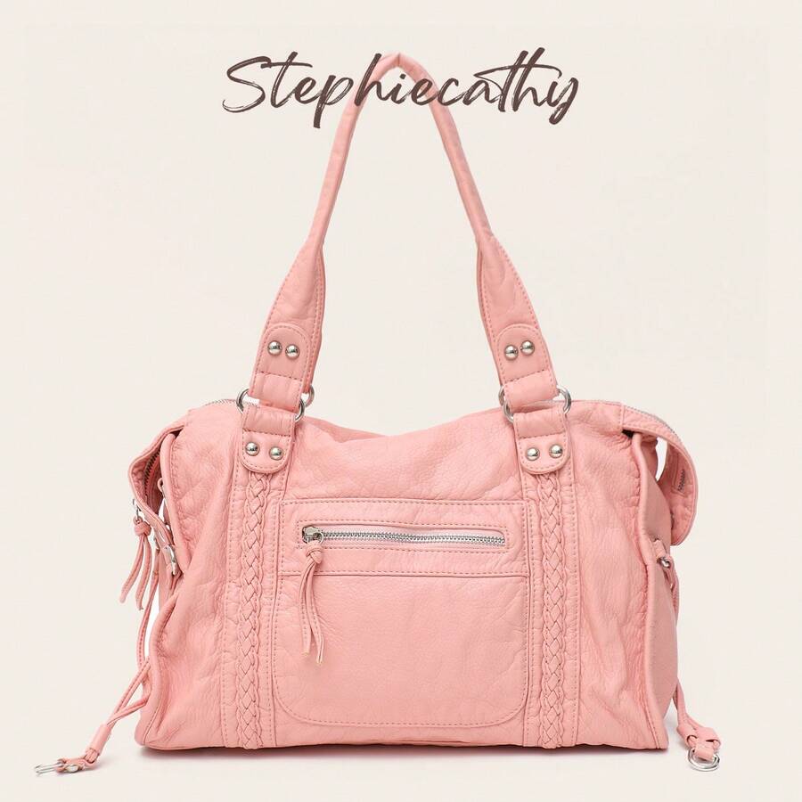 STEPHIECATHY Women's Casual Street Style Soft Washed PU Faux Leather Zipper Closure Zipper Pocket Braided Decor Large Capacity Fits 13 Inch Laptop Slouchy Tote Bag - Pink - View 1