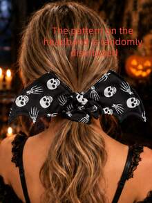 1pc Halloween Large Bat Wing Headband With Scary Pumpkin Bat Tombstone Pattern Witch Spider Web Print Hip-Hop Style Big Round Design, Soft Comfortable Fashionable Styling For Back Bun High Ponytail Medium Long Hair Tie, Suitable For Halloween Party And Holiday Gift Multi-Functional Accessory - Multicolor - View 7