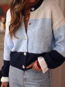 Live To Mo Women's Striped Color‑Block Knit Cardigan, Casual Relaxed Puff‑Sleeve Sweater Coat For Fall Back To School, Daily & Business Wear - Blue - View 4