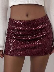 SCARLUX Fall Women Y2K Sequin Mini Skirt, Bodycon Skirt For Back To School, Daily Commute And Party - Burgundy - View 7