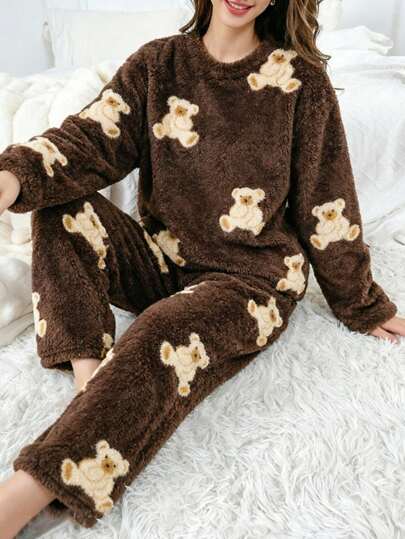 Conjunto de pijama de franela casual con estampado de oso, manga larga y pantalones largos, para mujer, ropa de casa de otoño/invierno que se puede usar fuera