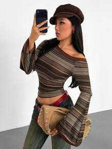 Women's Vintage Colorful Striped Bell Sleeve Top, Asymmetrical Shoulder Fitted Cropped Long Sleeve T-Shirt - Multicolor - View 4