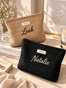 1pc Custom Knitted Jewelry Storage Bag, Embroidered Name Cosmetic Bag, Wheat Ear Pattern Washbag, Bridesmaid Gift - Multicolor - View 3