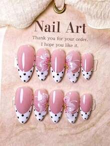 12pcs Random Style Handmade Almond Shape Press-On Nails, White French Polka Dot With 3D Carved Design, Hand-Painted Nude Base With White French Tips And Black Decor - Multicolor - View 1