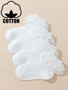 4 双儿童纯色蕾丝边休闲时尚派对装公主棉质荷叶边袜子 - 白色 - 查看 5