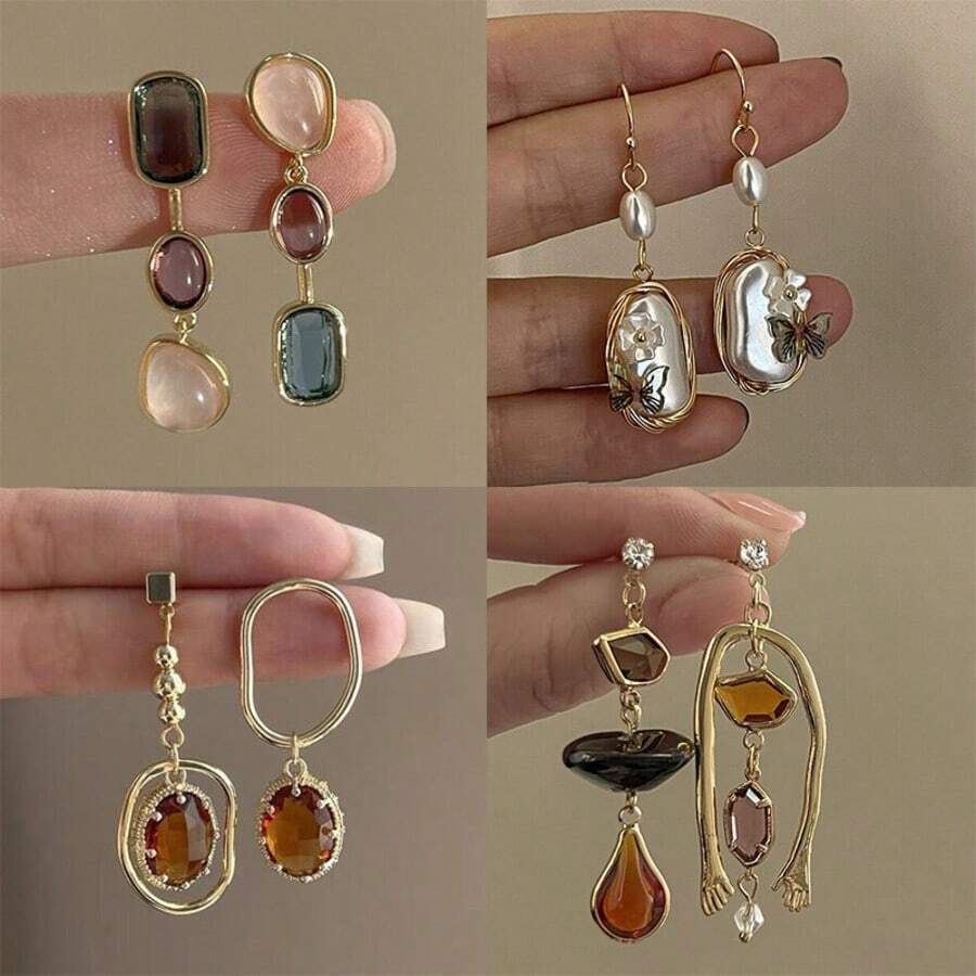 8pcs Vintage Niche Design Asymmetric Zirconia Earrings Set, Daily Wear - Yellow Gold - View 1
