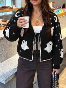 Plus Size Halloween Ghost Snowflake Jacquard V-Neck Lace-Up Ruffle Trim Cropped Knit Cardigan Sweater - Black - View 6