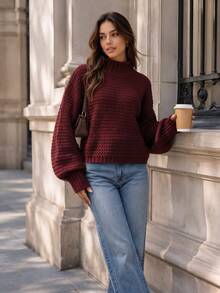 Sweater Rajut Wanita Musim Gugur Model Leher Tinggi Berkerut Lengan Panjang Warna Merah Longgar Atasan Rajut Model Pullover Modis untuk Pakaian Sehari-hari dan Liburan Musim Gugur - Merah - View 8