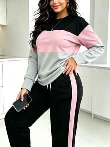 2pcs/Set Color-Block Round Neck Long Sleeve T-Shirt And Long Pants - Autumn, Winter Casual Elegant - Multicolor - View 3