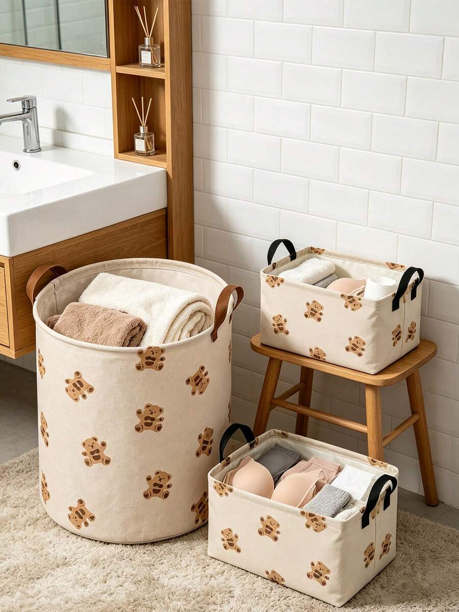 Bear Print Foldable Laundry Basket Set,Large Cylinder&Small Rectangle,Storage Bin,Breathable Dirty Clothes Hamper,Bathroom, Bedroom And Laundry Area;Home, Student And Renter Use,Housewarming, Christmas Or New Year Gift - Multicolor - View 1