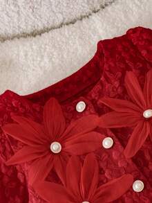 Girls' Vintage Red 3-Piece Formal Outfit Set, 3D Floral Pearl Short Jacket + Ethereal Tulle Dress, Matching Beret, Textured Jacquard Fabric, Puff Sleeve Design, Festive And Flattering, Suitable For Birthday Parties, Princess Style - Red - View 6