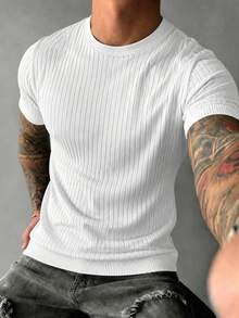 Suéter de punto blanco liso con cuello redondo y manga corta, acanalado vertical, ajuste ceñido, textura casual, para verano, primavera y otoño - Blanco - Ver 3