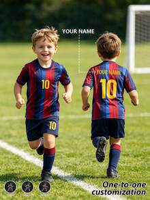 Boys & Girls Unisex Customizable Name Football Jersey Set, No.10 Star Player Style, Children's Sports Jersey Burnout Short Sleeve & Shorts 2 Pieces Set - Red - View 4