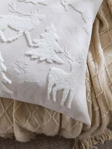 1pc Christmas Tree Embroidered Pillow Case, Christmas Reindeer Pillow Case, Suitable For Indoor Decoration, Christmas Decoration, All-Season Pillow Case, Without Insert - Beige - View 7