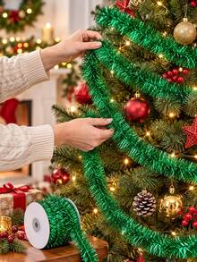 1pc/4pcs Christmas Tinsel Garland Roll Sparkle Metallic Foil Ribbon For Christmas Tree Decoration Gift Wrapping Present Box Bow Making Holiday Party Supplies Diy Craft Decor Silver Gold Red Green - Christmas Decorative Ribbon - View 2