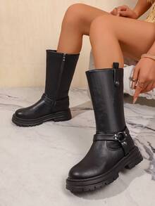 2026 Women's Boots Fashion Versatile Round Toe Thick Sole High-Top Mid-Calf Boots With Buckle And Pleated Design - Black - View 3