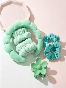 6pcs/Set New Cloud Headband, Wrist Band, Flower Claw Clip, Velvet Scrunchie Hair Ties Fashion Accessories - Multicolor - View 12