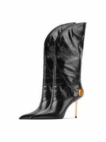 Women's Tall Boots, European And American New Style, Leather Pointed Toe High Heel Long Boots, Thin Heel Riding Boots, Winter - Black - View 5