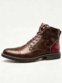 Men's Retro Brown Boots, British Style High-Top Lace-Up Work Boots, Wear-Resistant Non-Slip Business Casual Leather Boots - Brown - View 1