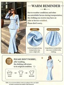 Elegant Women's Lapel Double-Button Ruffle Blazer And Mermaid Skirt 2 Pieces Set, Floral Print Formal Party Outfit - Light Wash - View 5